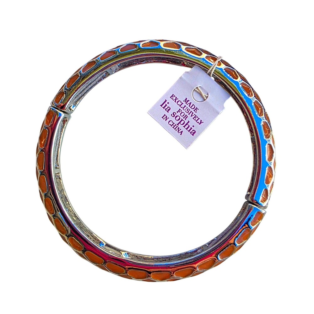 Lia Sophia Hinged Bangle Bracelet Silver Tone Tan Geometric Pattern
